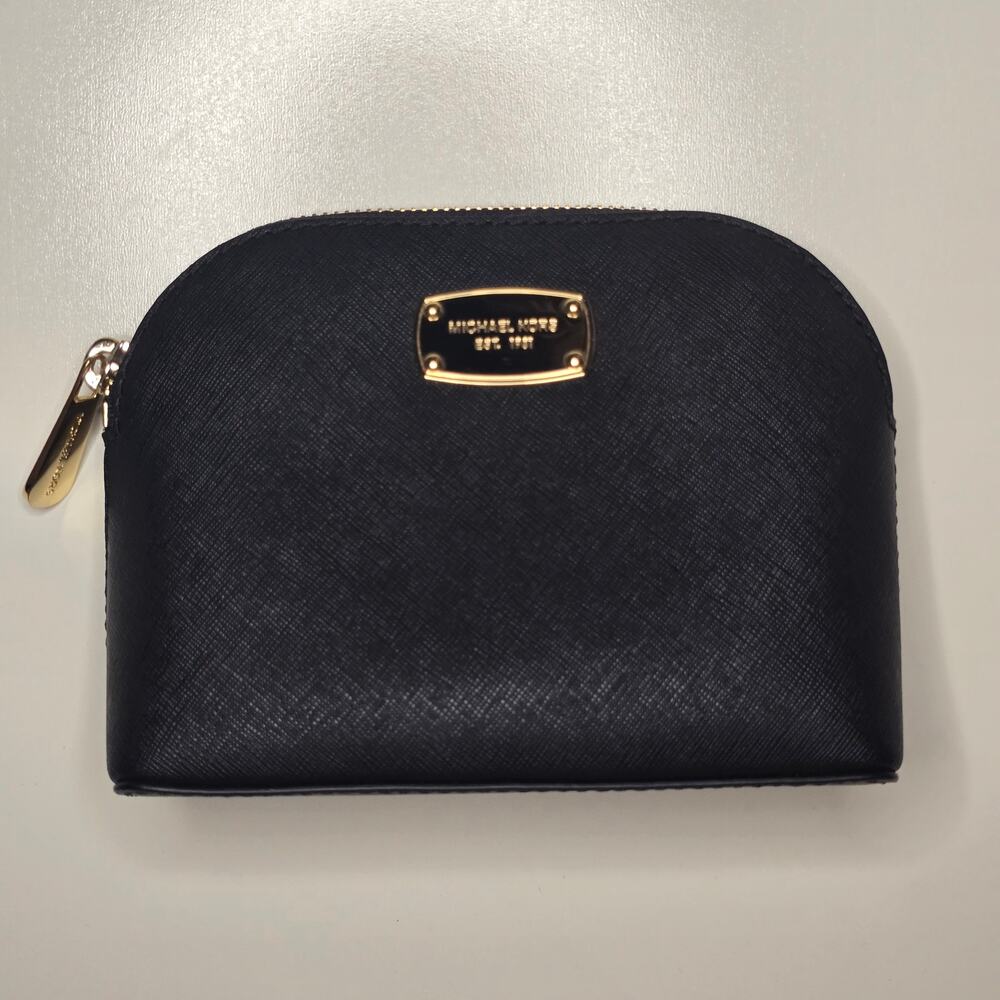 Michael Kors Cindy Black Saffiano Leather Dome Cosmetic Bag Travel Makeup Pouch - Picture 2 of 9